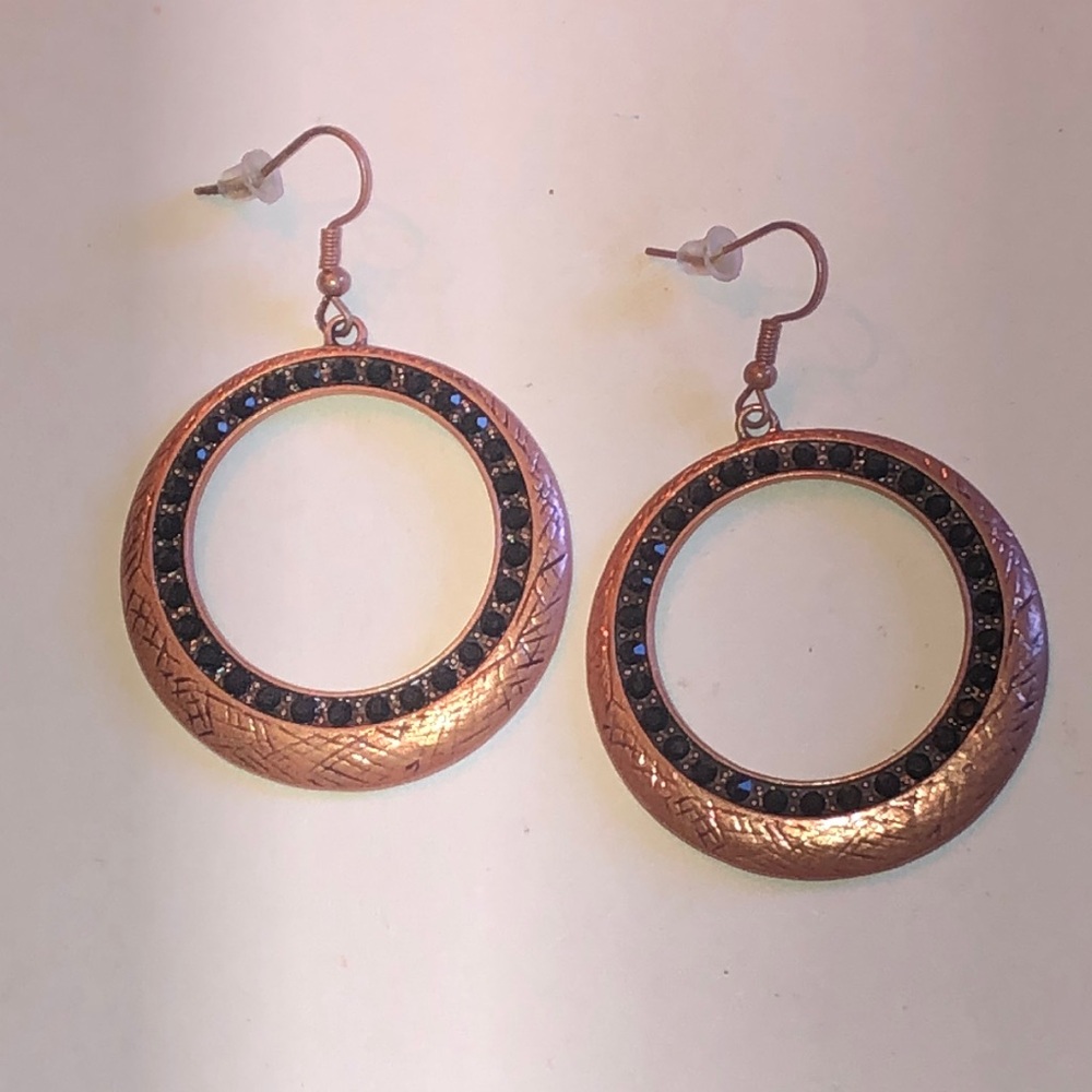 Copper Tone Open Circle Earrings with Black Crystal Accents